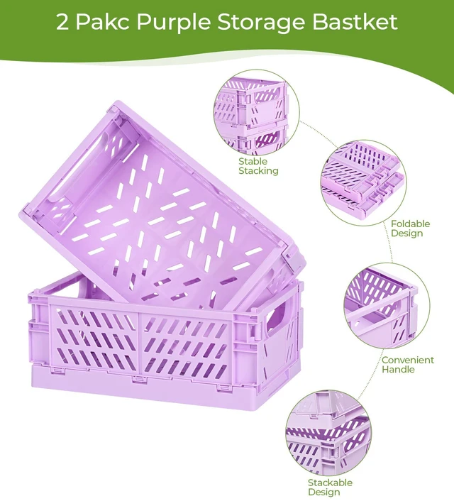 Alt view image 2 of 5 - 2-Pack Collapsible Plastic Storage Baskets, Purple, 9.8"x6.5"x3.8" Pastel, Space-Saving, Collapsible Plastic Bins, Cute Mini Storage Crates, for Classroom, Kitchen, Office, Bedroom