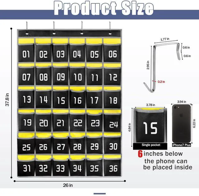 Alt view image 2 of 6 - 36 Numbered Pockets Classroom Pocket Chart for Cell Phone Holder Wall Door Hanging Pocket Organizer for Phone Calculator Holder, Phone Pouch for School Classroom & Office Phone Management