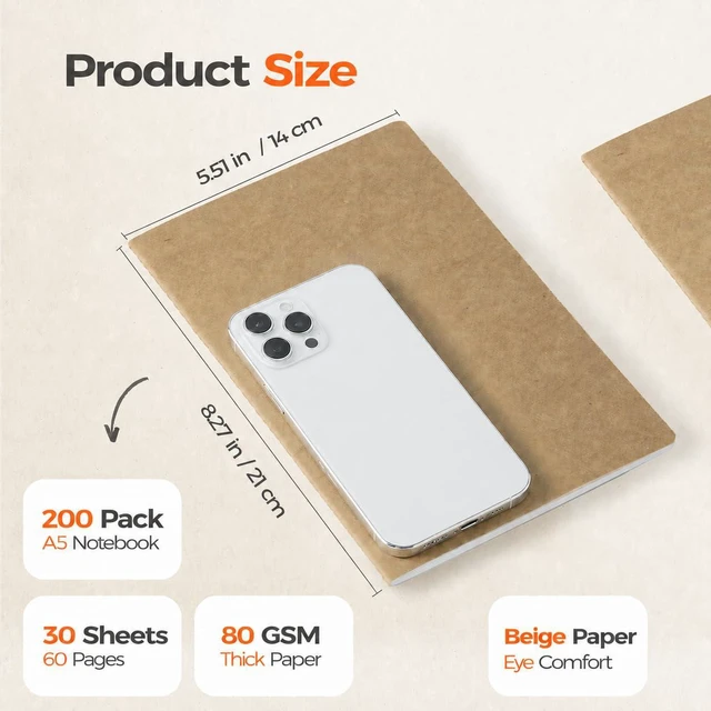Alt view image 2 of 7 - 200 Pack Blank Kraft Notebooks A5, Wholesale Bulk Unlined Journals 80gsm Paper, 60 Pages, 8.3x5.5 Inches Softcover For School, Office, Events & Institutional Supply