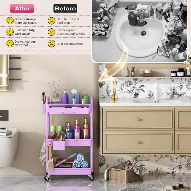 Alt view image 7 of 7 - Rolling Makeup Organizer Cart with Removable Drawer, 3 Tier Purple Stable Floor Skincare Storage Cart for Vanity, Cosmetic Display, Nail Polish, Perfume, Hair Stuff, Beauty, Bathroom(Plastic)