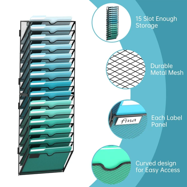 Alt view image 3 of 7 - 15-Tier Wall File Organizer, Hanging File Holder, Wall Mounted Mail Sorter Metal Mesh Hanging File Organizer with Open Compartments and Label Panels for Papers and Folders at Home, Office or School