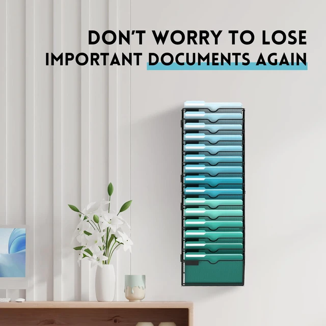 Alt view image 4 of 7 - 15-Tier Wall File Organizer, Hanging File Holder, Wall Mounted Mail Sorter Metal Mesh Hanging File Organizer with Open Compartments and Label Panels for Papers and Folders at Home, Office or School