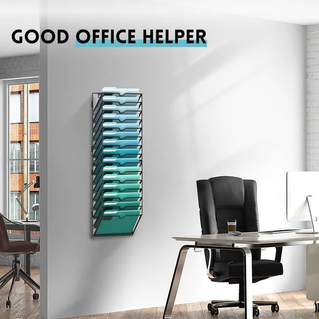 Alt view image 5 of 7 - 15-Tier Wall File Organizer, Hanging File Holder, Wall Mounted Mail Sorter Metal Mesh Hanging File Organizer with Open Compartments and Label Panels for Papers and Folders at Home, Office or School
