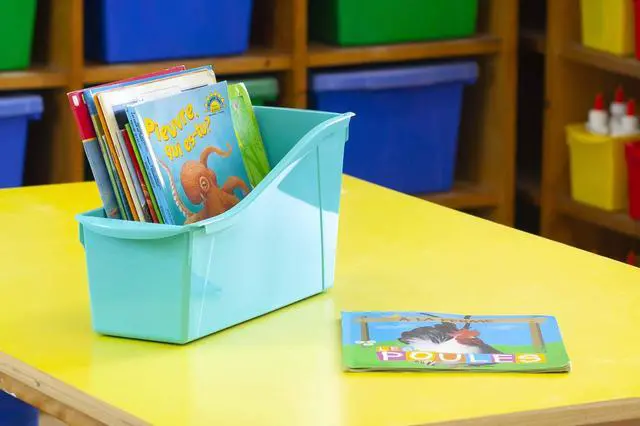 Alt view image 7 of 7 - Large Book Bin, Interlocking Plastic Organizer for Home, Office and Classroom, Purple, 6-Pack (71103A06C)