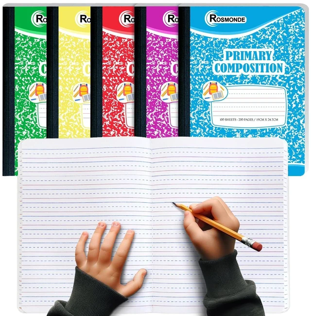 Main image of 5 Pack Composition Notebooks Primary Ruled, Color Marble Notebooks Writing Dotted Lined, Grades K-2 Writing Workbook, 200 Pages (100 Sheets), 9-3/4" x 7-1/2", Sewn Binding, Hardcover Notebooks
