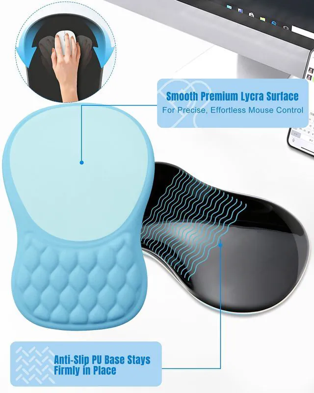 Alt view image 5 of 7 - Ergonomic Mouse Pad with Sloped Memory Foam Wrist Rest 3D Textured Wrist Cushion, Smooth Lycra Surface, Non-Slip PU Base, Comfortable Support for Office/Home Computer Desks