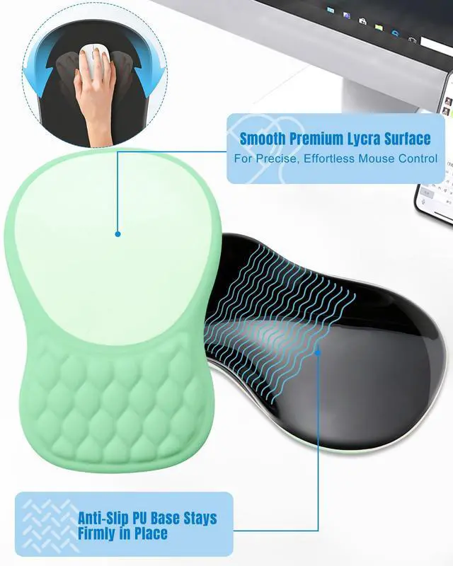 Alt view image 4 of 6 - Ergonomic Mouse Pad with Sloped Memory Foam Wrist Rest 3D Textured Wrist Cushion, Smooth Lycra Surface, Non-Slip PU Base, Comfortable Support for Office/Home Computer Desks