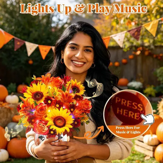 Alt view image 2 of 7 - Thanksgiving Card with MUSIC LIGHT,Fall Sunflower Bouquet For Women 10 Inch Life Size, Play Music, Lights Dance, 3D Pop up Paper Forever Flower, Music Thanksgiving Gift/Decoration For Mom Wife
