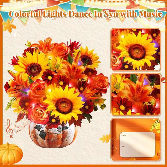 Alt view image 3 of 7 - Thanksgiving Card with MUSIC LIGHT,Fall Sunflower Bouquet For Women 10 Inch Life Size, Play Music, Lights Dance, 3D Pop up Paper Forever Flower, Music Thanksgiving Gift/Decoration For Mom Wife