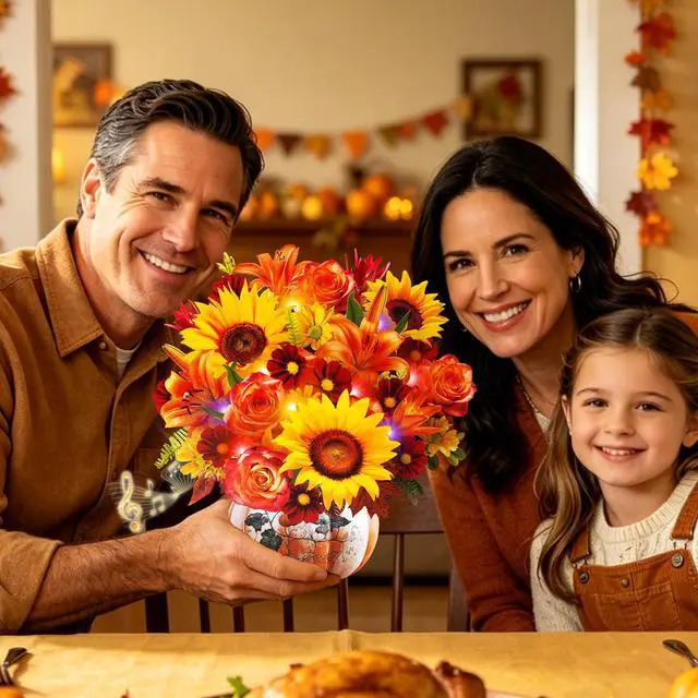 Alt view image 4 of 7 - Thanksgiving Card with MUSIC LIGHT,Fall Sunflower Bouquet For Women 10 Inch Life Size, Play Music, Lights Dance, 3D Pop up Paper Forever Flower, Music Thanksgiving Gift/Decoration For Mom Wife