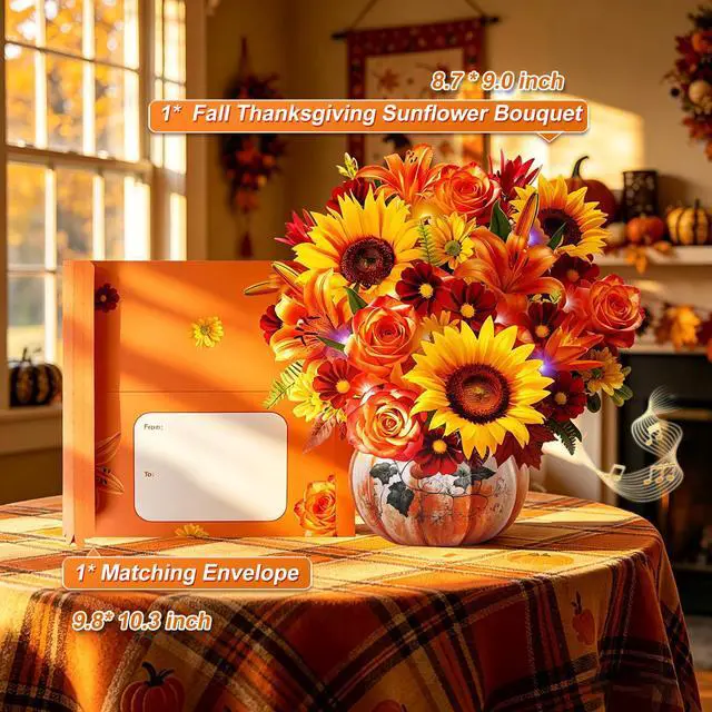 Alt view image 5 of 7 - Thanksgiving Card with MUSIC LIGHT,Fall Sunflower Bouquet For Women 10 Inch Life Size, Play Music, Lights Dance, 3D Pop up Paper Forever Flower, Music Thanksgiving Gift/Decoration For Mom Wife