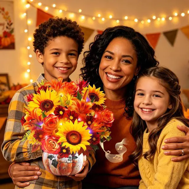 Alt view image 6 of 7 - Thanksgiving Card with MUSIC LIGHT,Fall Sunflower Bouquet For Women 10 Inch Life Size, Play Music, Lights Dance, 3D Pop up Paper Forever Flower, Music Thanksgiving Gift/Decoration For Mom Wife