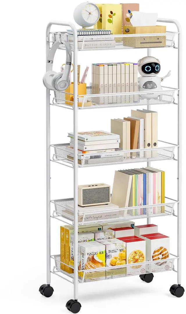 Main image of 5 Tier Rolling Cart, Metal Utility Storage Cart with Wheels, White | 3 Hooks, Screwless Assembly, Trolley Organizer for Bathroom, Kitchen, Office, Nursery, Dorm, Laundry Room