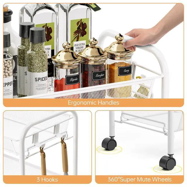 Alt view image 4 of 7 - 5 Tier Rolling Cart, Metal Utility Storage Cart with Wheels, White | 3 Hooks, Screwless Assembly, Trolley Organizer for Bathroom, Kitchen, Office, Nursery, Dorm, Laundry Room