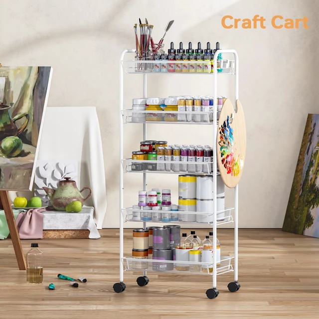 Alt view image 5 of 7 - 5 Tier Rolling Cart, Metal Utility Storage Cart with Wheels, White | 3 Hooks, Screwless Assembly, Trolley Organizer for Bathroom, Kitchen, Office, Nursery, Dorm, Laundry Room