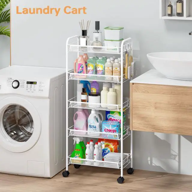 Alt view image 7 of 7 - 5 Tier Rolling Cart, Metal Utility Storage Cart with Wheels, White | 3 Hooks, Screwless Assembly, Trolley Organizer for Bathroom, Kitchen, Office, Nursery, Dorm, Laundry Room