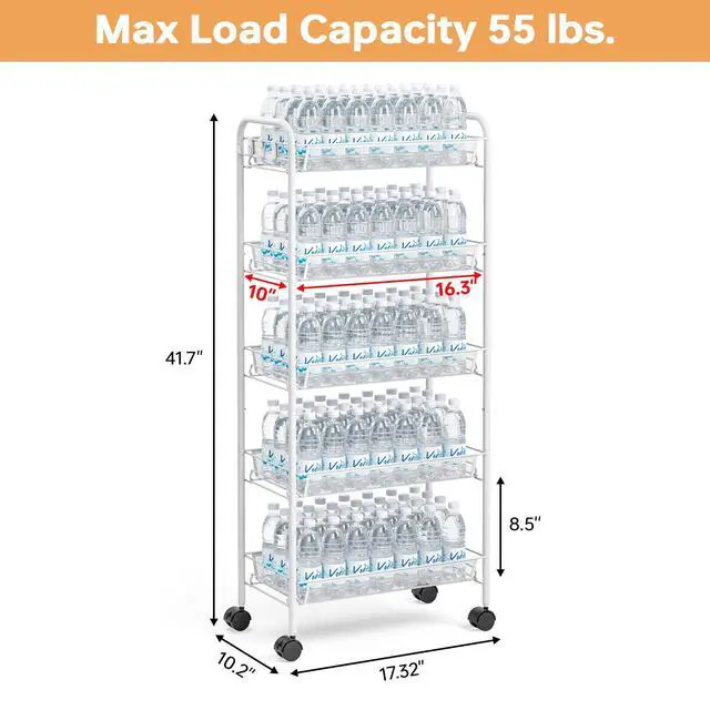 Alt view image 6 of 7 - 5 Tier Rolling Cart, Metal Utility Storage Cart with Wheels, White | 3 Hooks, Screwless Assembly, Trolley Organizer for Bathroom, Kitchen, Office, Nursery, Dorm, Laundry Room
