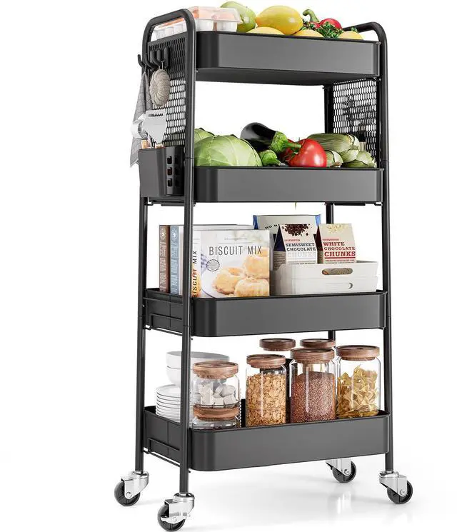 Main image of 4 Tier Rolling Cart, Metal Utility Storage Cart with Pegboard, Black | 2 Bins & 4 Hooks, Screwless Assembly, Lockable Wheels, Trolley Organizer for Bathroom, Kitchen, Office, Dorm, Craft Room