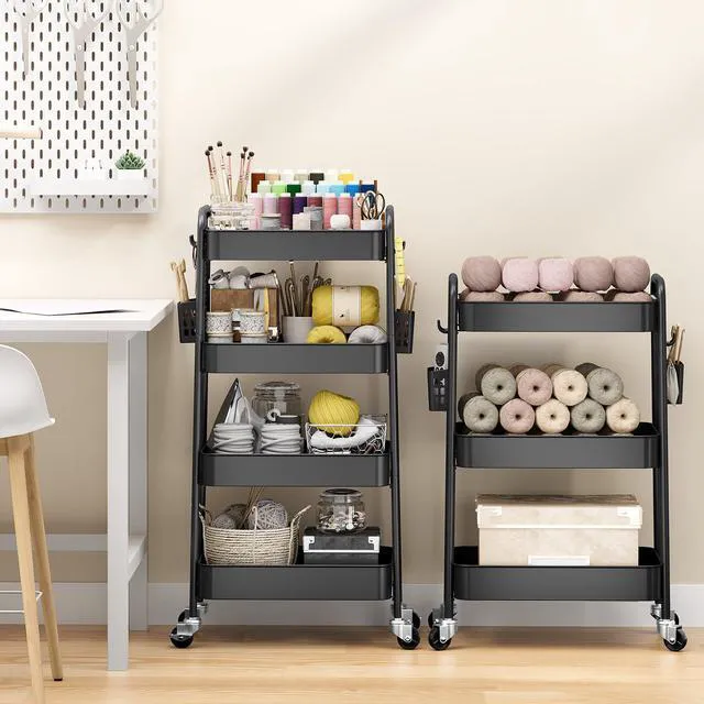 Alt view image 2 of 7 - 4 Tier Rolling Cart, Metal Utility Storage Cart with Pegboard, Black | 2 Bins & 4 Hooks, Screwless Assembly, Lockable Wheels, Trolley Organizer for Bathroom, Kitchen, Office, Dorm, Craft Room