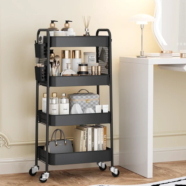 Alt view image 3 of 7 - 4 Tier Rolling Cart, Metal Utility Storage Cart with Pegboard, Black | 2 Bins & 4 Hooks, Screwless Assembly, Lockable Wheels, Trolley Organizer for Bathroom, Kitchen, Office, Dorm, Craft Room