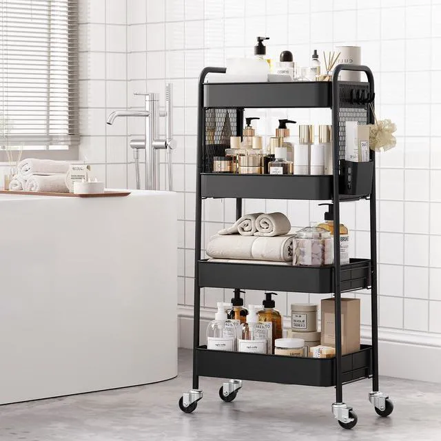 Alt view image 4 of 7 - 4 Tier Rolling Cart, Metal Utility Storage Cart with Pegboard, Black | 2 Bins & 4 Hooks, Screwless Assembly, Lockable Wheels, Trolley Organizer for Bathroom, Kitchen, Office, Dorm, Craft Room