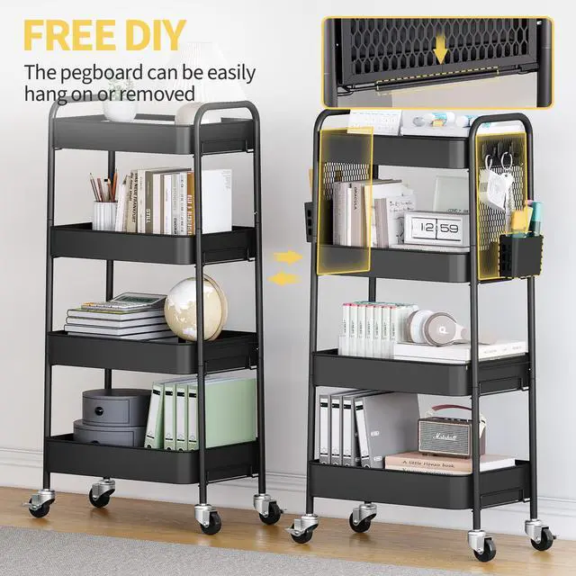 Alt view image 6 of 7 - 4 Tier Rolling Cart, Metal Utility Storage Cart with Pegboard, Black | 2 Bins & 4 Hooks, Screwless Assembly, Lockable Wheels, Trolley Organizer for Bathroom, Kitchen, Office, Dorm, Craft Room