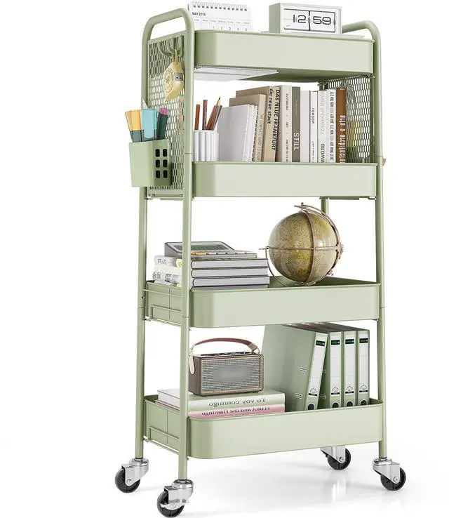 Main image of 4 Tier Rolling Cart, Metal Utility Storage Cart with Pegboard, Green | 2 Bins & 4 Hooks, Screwless Assembly, Lockable Wheels, Trolley Organizer for Bathroom, Kitchen, Office, Dorm, Craft Room