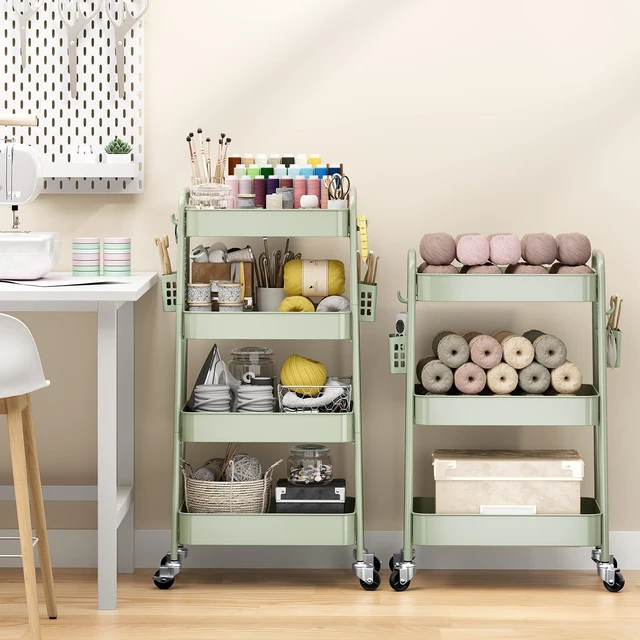 Alt view image 2 of 7 - 4 Tier Rolling Cart, Metal Utility Storage Cart with Pegboard, Green | 2 Bins & 4 Hooks, Screwless Assembly, Lockable Wheels, Trolley Organizer for Bathroom, Kitchen, Office, Dorm, Craft Room