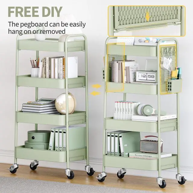 Alt view image 3 of 7 - 4 Tier Rolling Cart, Metal Utility Storage Cart with Pegboard, Green | 2 Bins & 4 Hooks, Screwless Assembly, Lockable Wheels, Trolley Organizer for Bathroom, Kitchen, Office, Dorm, Craft Room