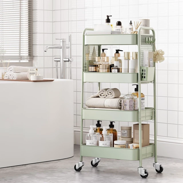 Alt view image 4 of 7 - 4 Tier Rolling Cart, Metal Utility Storage Cart with Pegboard, Green | 2 Bins & 4 Hooks, Screwless Assembly, Lockable Wheels, Trolley Organizer for Bathroom, Kitchen, Office, Dorm, Craft Room