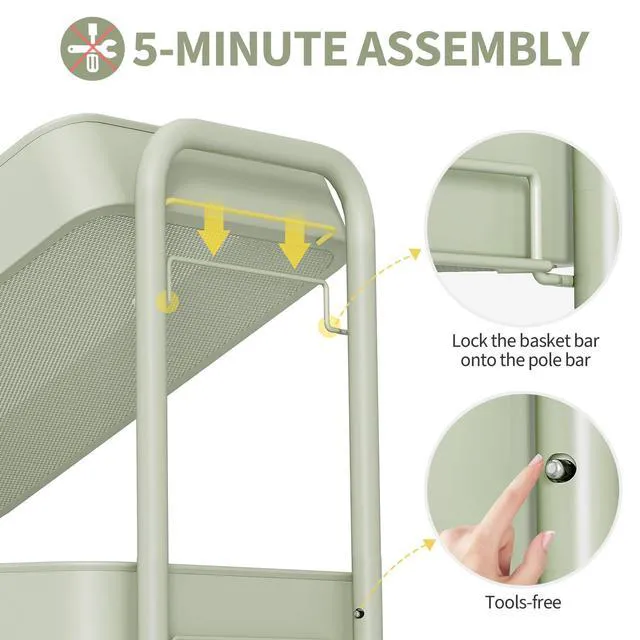 Alt view image 5 of 7 - 4 Tier Rolling Cart, Metal Utility Storage Cart with Pegboard, Green | 2 Bins & 4 Hooks, Screwless Assembly, Lockable Wheels, Trolley Organizer for Bathroom, Kitchen, Office, Dorm, Craft Room
