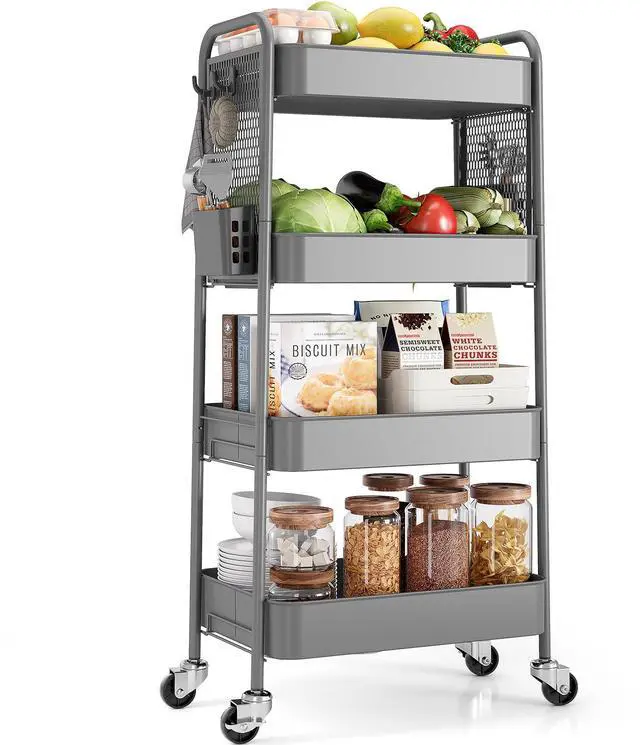 Main image of 4 Tier Rolling Cart, Metal Utility Storage Cart with Pegboard, Grey | 2 Bins & 4 Hooks, Screwless Assembly, Lockable Wheels, Trolley Organizer for Bathroom, Kitchen, Office, Dorm, Craft Room