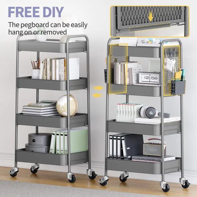 Alt view image 2 of 7 - 4 Tier Rolling Cart, Metal Utility Storage Cart with Pegboard, Grey | 2 Bins & 4 Hooks, Screwless Assembly, Lockable Wheels, Trolley Organizer for Bathroom, Kitchen, Office, Dorm, Craft Room