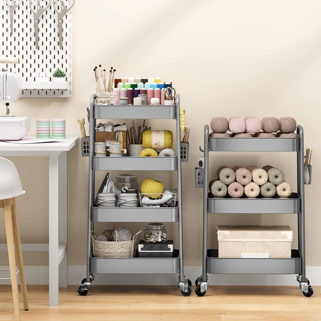 Alt view image 4 of 7 - 4 Tier Rolling Cart, Metal Utility Storage Cart with Pegboard, Grey | 2 Bins & 4 Hooks, Screwless Assembly, Lockable Wheels, Trolley Organizer for Bathroom, Kitchen, Office, Dorm, Craft Room