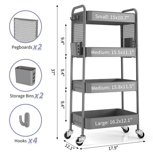 Alt view image 7 of 7 - 4 Tier Rolling Cart, Metal Utility Storage Cart with Pegboard, Grey | 2 Bins & 4 Hooks, Screwless Assembly, Lockable Wheels, Trolley Organizer for Bathroom, Kitchen, Office, Dorm, Craft Room