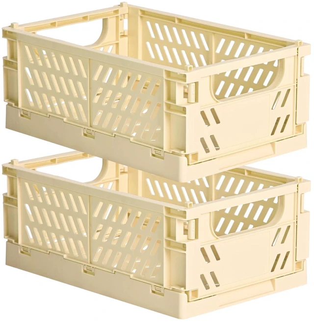 Main image of 2-Pack Collapsible Plastic Storage Baskets, Yellow, 9.8"x6.5"x3.8" Pastel, Space-Saving, Collapsible Plastic Bins, Cute Mini Storage Crates, for Classroom, Kitchen, Office, Bedroom