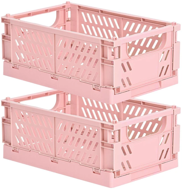 Main image of 2-Pack Collapsible Plastic Storage Baskets, Pink, 9.8"x6.5"x3.8" Pastel, Space-Saving, Collapsible Plastic Bins, Cute Mini Storage Crates, for Classroom, Kitchen, Office, Bedroom