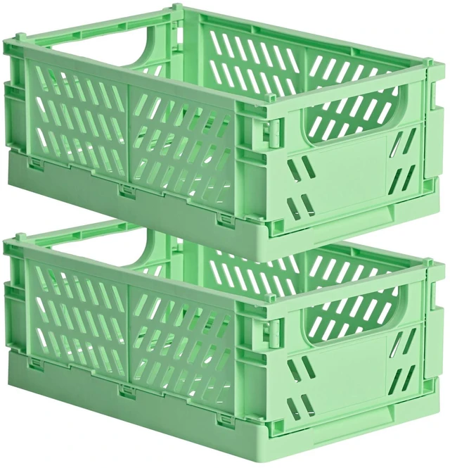 Main image of 2-Pack Collapsible Plastic Storage Baskets, Green, 9.8"x6.5"x3.8" Pastel, Space-Saving, Collapsible Plastic Bins, Cute Mini Storage Crates, for Classroom, Kitchen, Office, Bedroom