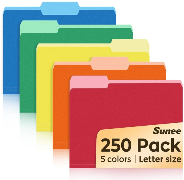 Main image of File Folders Letter Size Assorted Colors, 250 Pack Manilla Folders 8.5 x 11 1/3-Cut Tabs, Colored File Folders Office Home School for Documents Files Paper