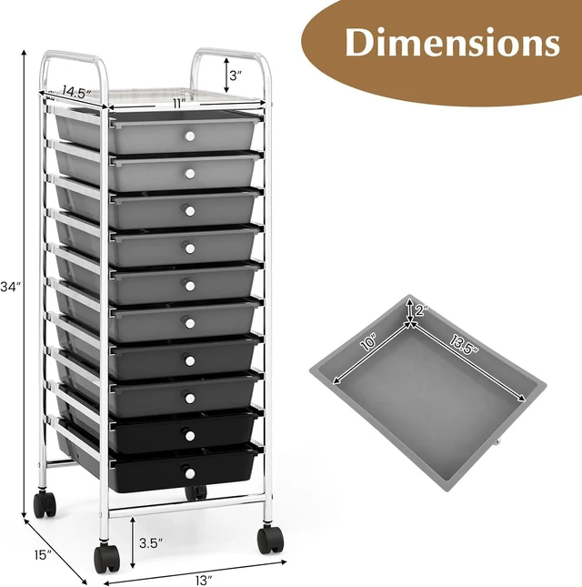 Alt view image 2 of 6 - Storage Cart, Rolling Utility Cart with 10 Drawers, Portable Handles & Lockable Wheels, Mobile Paper Toys Storage Organizer Large Capacity for Home Office School Teacher (Gradient Black)