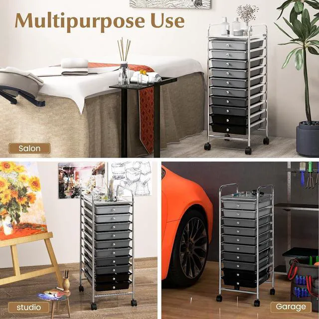 Alt view image 6 of 6 - Storage Cart, Rolling Utility Cart with 10 Drawers, Portable Handles & Lockable Wheels, Mobile Paper Toys Storage Organizer Large Capacity for Home Office School Teacher (Gradient Black)