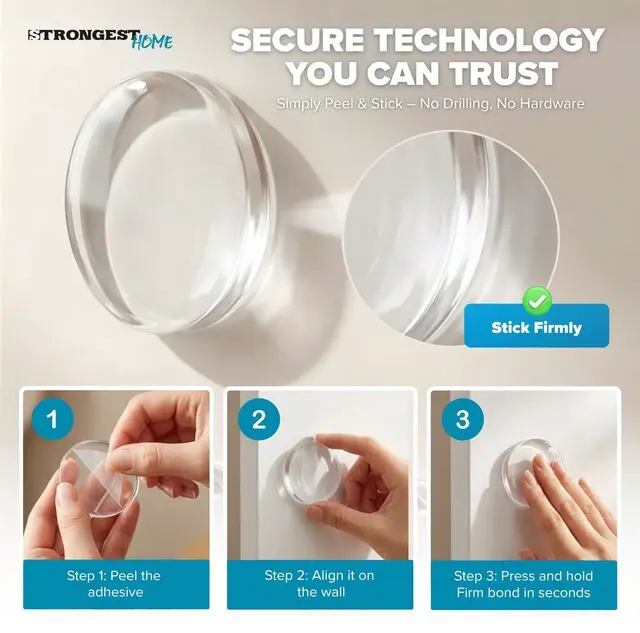 Alt view image 3 of 7 - Door Stoppers (Medium) 2" - Door Stop for Wall with Strong Back Adhesive - Quiet and Shock Absorbent Silicone Wall Protectors from Door Knobs - Protects Every Surface - (Clear | 20 PCS)