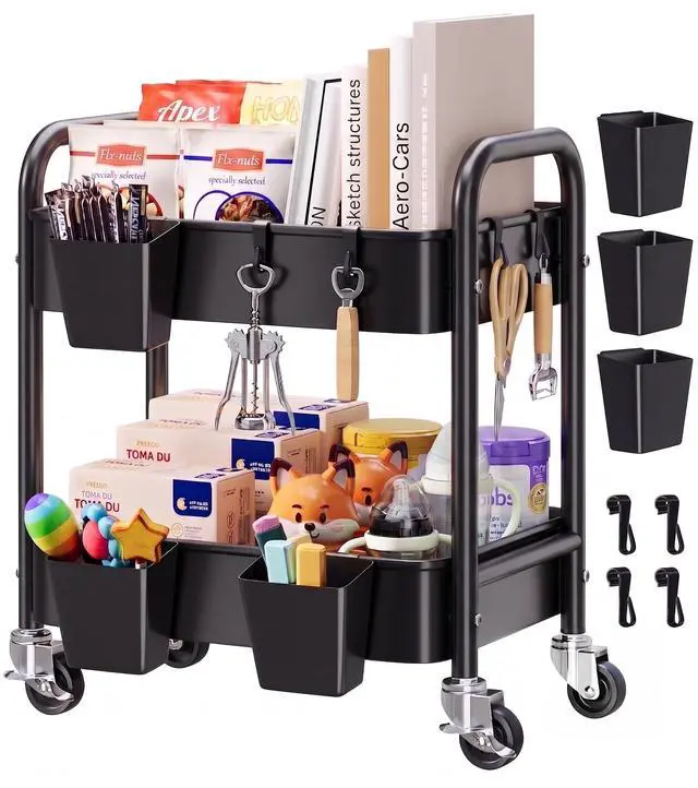 Main image of 2 Tier Small Rolling Cart Metal with Wheels, Black Under Desk Storage Carts Short Utility Trolley Organizer on Wheels for Pantry, Kitchen, Office, Two Tiered Mobile Side Table, 22in Tall Roller Shelf