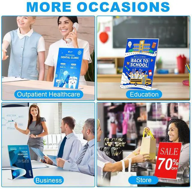 Alt view image 5 of 7 - 30 Pack Acrylic Sign Holder 8.5 x 11, L Shape Clear Plastic Display Stand, Slanted Back Picture Frame Menu Flyer Paper Display Stand up Table Top Sign Holders for Restaurant, Office and School