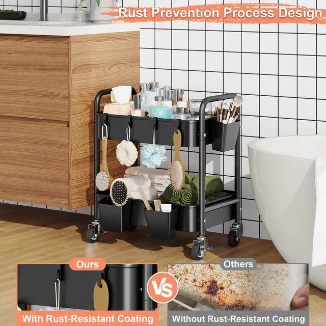 Alt view image 4 of 7 - 2 Tier Small Rolling Cart Metal with Wheels, Black Under Desk Storage Carts Short Utility Trolley Organizer on Wheels for Pantry, Kitchen, Office, Two Tiered Mobile Side Table, 22in Tall Roller Shelf