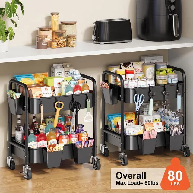 Alt view image 5 of 7 - 2 Tier Small Rolling Cart Metal with Wheels, Black Under Desk Storage Carts Short Utility Trolley Organizer on Wheels for Pantry, Kitchen, Office, Two Tiered Mobile Side Table, 22in Tall Roller Shelf