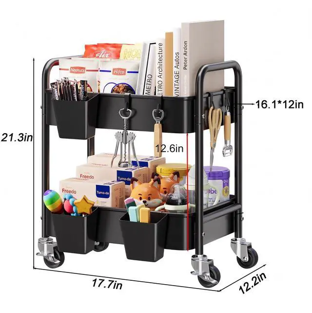 Alt view image 7 of 7 - 2 Tier Small Rolling Cart Metal with Wheels, Black Under Desk Storage Carts Short Utility Trolley Organizer on Wheels for Pantry, Kitchen, Office, Two Tiered Mobile Side Table, 22in Tall Roller Shelf
