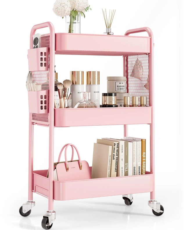 Main image of 3 Tier Rolling Cart Storage Organizer, Metal Rolling Utility Cart with Wheels, Hooks & Bins Esthetician Craft Art Sturdy Storage with Pegboard for Bathroom, Kitchen, Office, Nursery Diaper