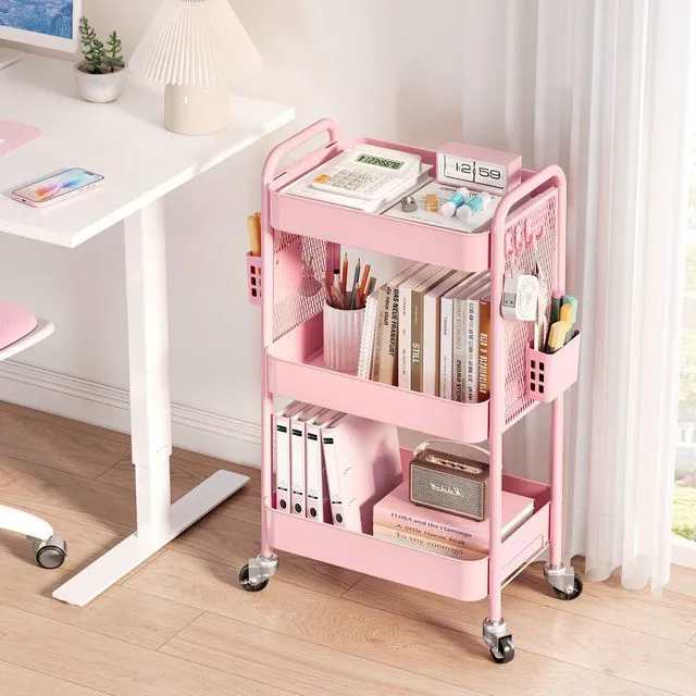 Alt view image 2 of 7 - 3 Tier Rolling Cart Storage Organizer, Metal Rolling Utility Cart with Wheels, Hooks & Bins Esthetician Craft Art Sturdy Storage with Pegboard for Bathroom, Kitchen, Office, Nursery Diaper