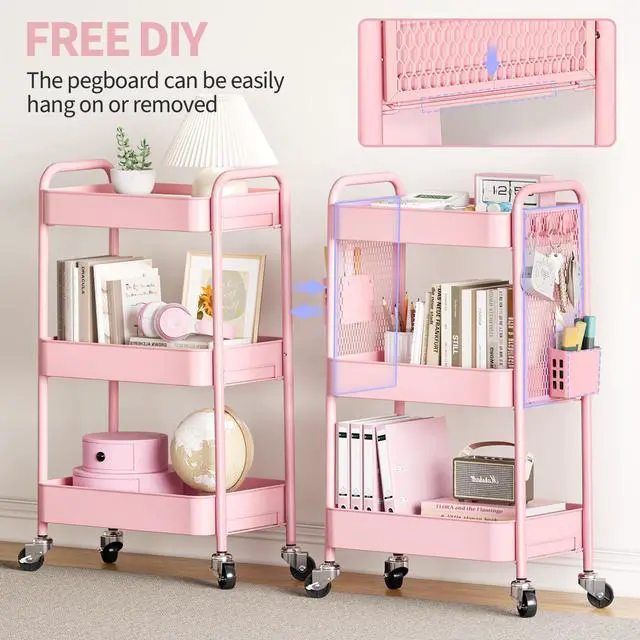 Alt view image 3 of 7 - 3 Tier Rolling Cart Storage Organizer, Metal Rolling Utility Cart with Wheels, Hooks & Bins Esthetician Craft Art Sturdy Storage with Pegboard for Bathroom, Kitchen, Office, Nursery Diaper